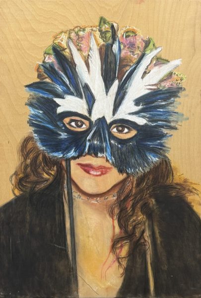 Woman with Mask on Plywood